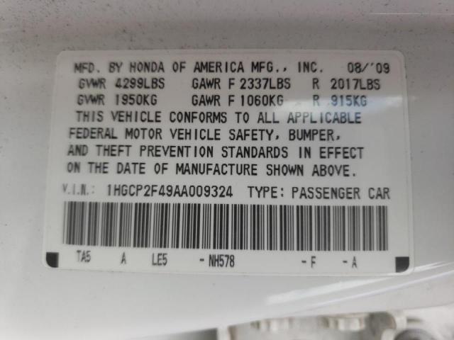 1HGCP2F49AA009324 - 2010 HONDA ACCORD LXP WHITE photo 10