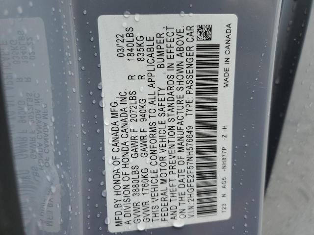 2HGFE2F57NH576649 - 2022 HONDA CIVIC SPOR GRAY photo 10