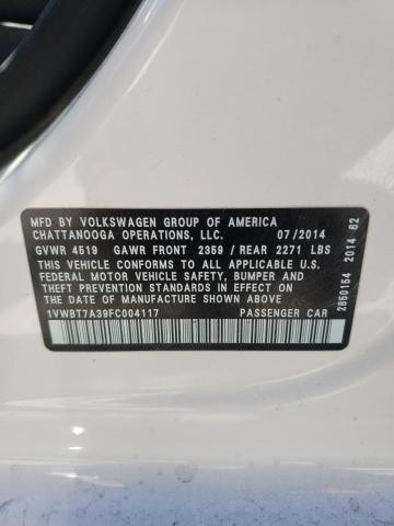 1VWBT7A39FC004117 - 2015 VOLKSWAGEN PASSAT SE WHITE photo 10