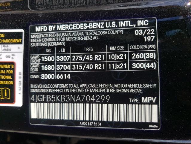 4JGFB5KB3NA704299 - 2022 MERCEDES-BENZ GLE 450 4M BLACK photo 10