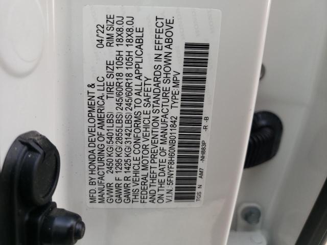 5FNYF8H60NB011842 - 2022 HONDA PASSPORT T WHITE photo 10