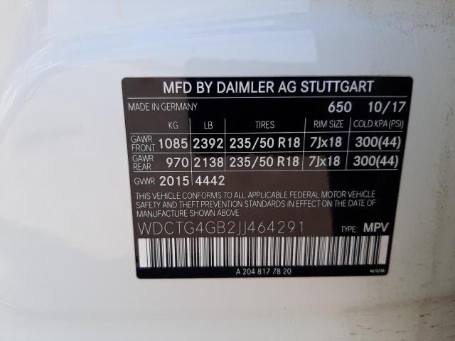 WDCTG4GB2JJ464291 - 2018 MERCEDES-BENZ GLA 250 4MATIC  photo 10