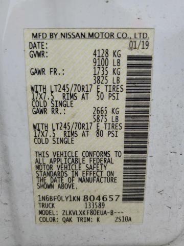 1N6BF0LY1KN804657 - 2019 NISSAN NV 2500 S WHITE photo 10