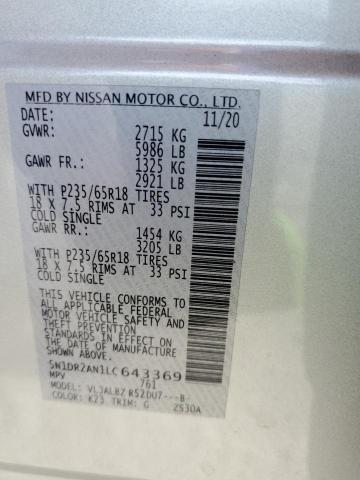 5N1DR2AN1LC643369 - 2020 NISSAN PATHFINDER SILVER photo 10