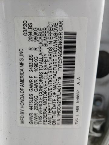 1HGCV2F97LA017118 - 2020 HONDA ACCORD TOU WHITE photo 10