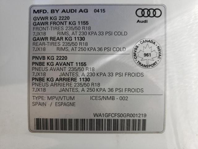 WA1GFCFS0GR001219 - 2016 AUDI Q3 PRESTIG WHITE photo 10