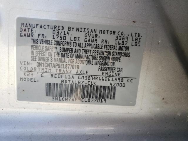 3N1CN7AP9EL877019 - 2014 NISSAN VERSA S SILVER photo 10