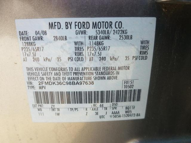 2FMDK36C98BA97638 - 2008 FORD EDGE GRAY photo 10