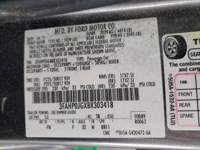 3FAHP0JGXBR303418 - 2011 FORD FUSION SEL GRAY photo 10