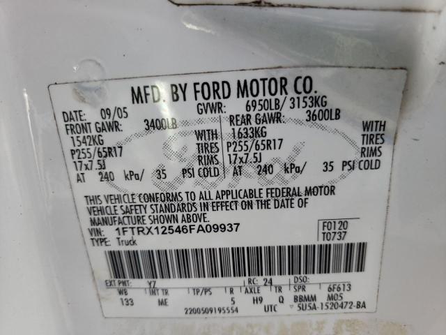 1FTRX12546FA09937 - 2006 FORD F150 WHITE photo 10