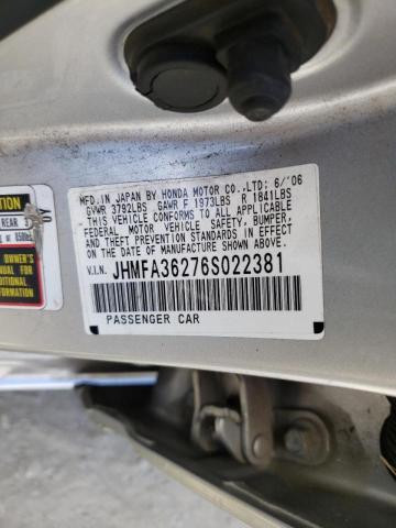 JHMFA36276S022381 - 2006 HONDA CIVIC HYBR SILVER photo 10