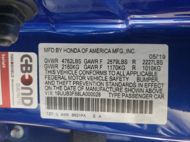 19UUB3F68LA000028 - 2020 ACURA TLX TECHNO BLUE photo 10