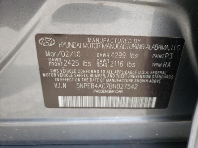 5NPEB4AC7BH027542 - 2011 HYUNDAI SONATA GLS GRAY photo 10