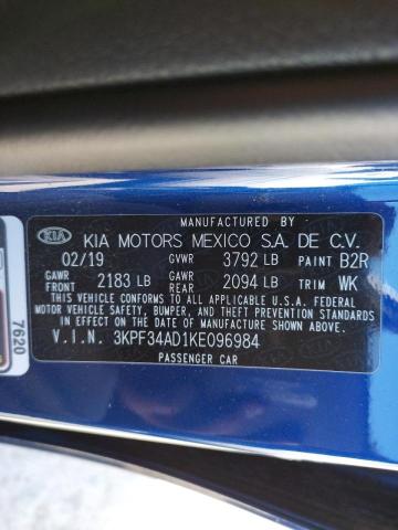 3KPF34AD1KE096984 - 2019 KIA FORTE GT L BLUE photo 10