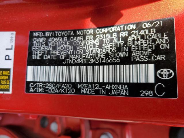 JTND4MBE3M3146656 - 2021 TOYOTA COROLLA SE RED photo 10