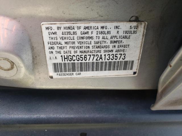 1HGCG56772A133573 - 2002 HONDA ACCORD SE SILVER photo 10