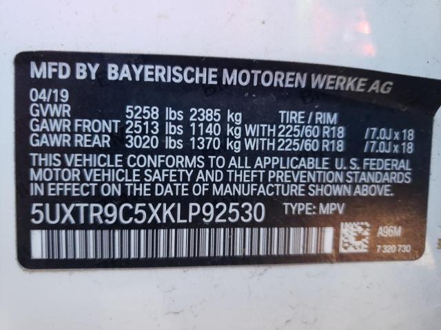 5UXTR9C5XKLP92530 - 2019 BMW X3 XDRIVE3 WHITE photo 10