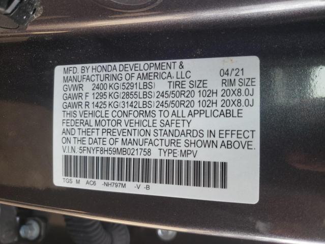 5FNYF8H59MB021758 - 2021 HONDA PASSPORT E 灰色 照片 10