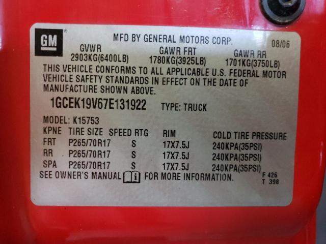 1GCEK19V67E131922 - 2007 CHEVROLET SILVERADO RED photo 10