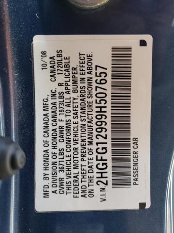 2HGFG12999H507657 - 2009 HONDA CIVIC EXL Mavi foto 10