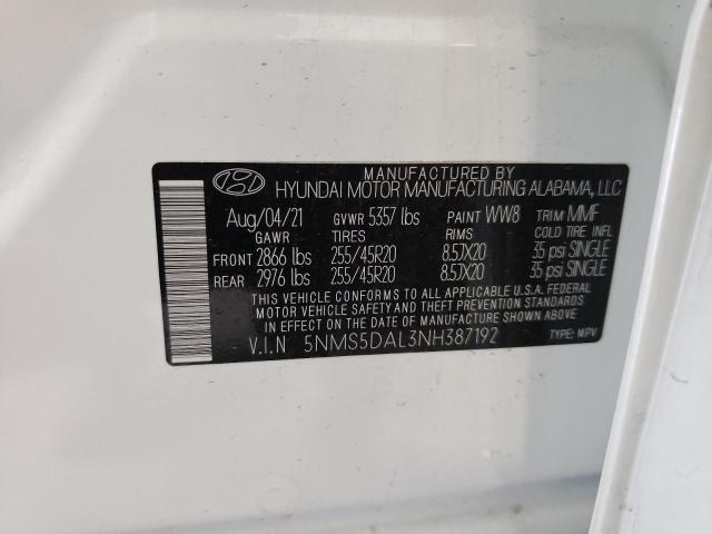 5NMS5DAL3NH387192 - 2022 HYUNDAI SANTA FE C WHITE photo 10