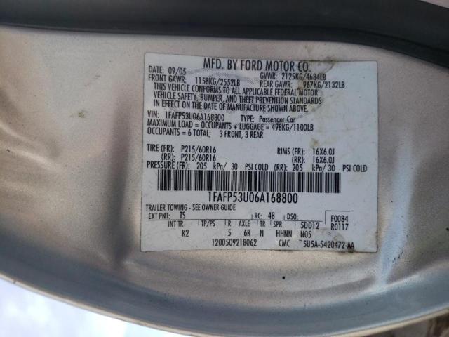 1FAFP53U06A168800 - 2006 FORD TAURUS SE SILVER photo 10