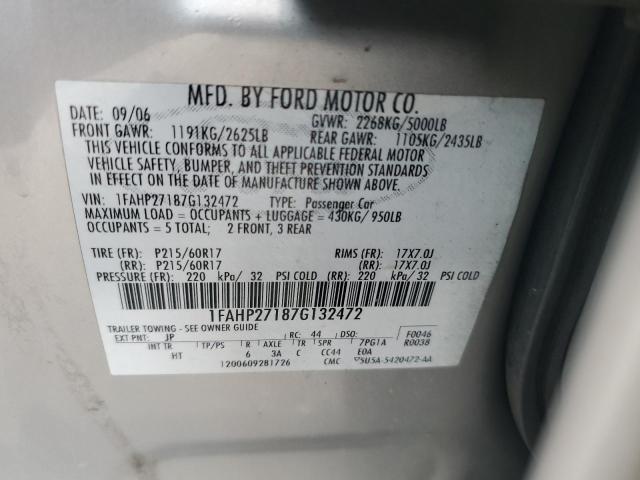 1FAHP27187G132472 - 2007 FORD FIVE HUNDR GRAY photo 10