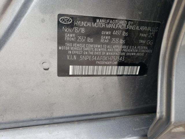 5NPE34AF0KH757543 - 2019 HYUNDAI SONATA LIM SILVER photo 10