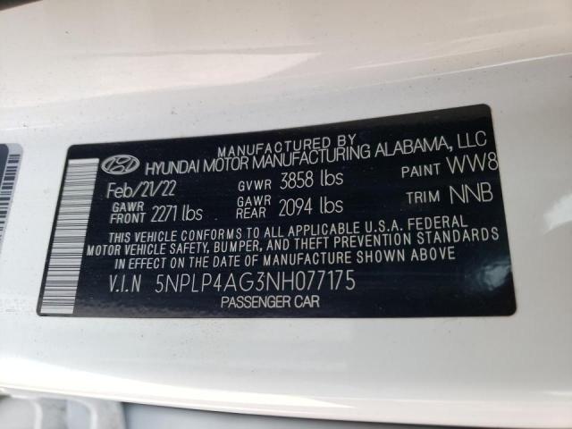 5NPLP4AG3NH077175 - 2022 HYUNDAI ELANTRA LI WHITE photo 10