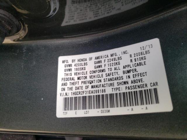 1HGCR2F31EA099186 - 2014 HONDA ACCORD LX GRAY photo 10