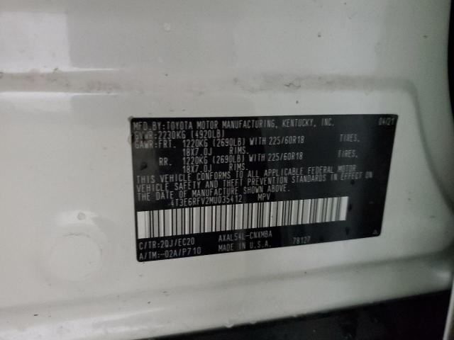 4T3E6RFV2MU035412 - 2021 TOYOTA RAV4 XSE WHITE photo 10