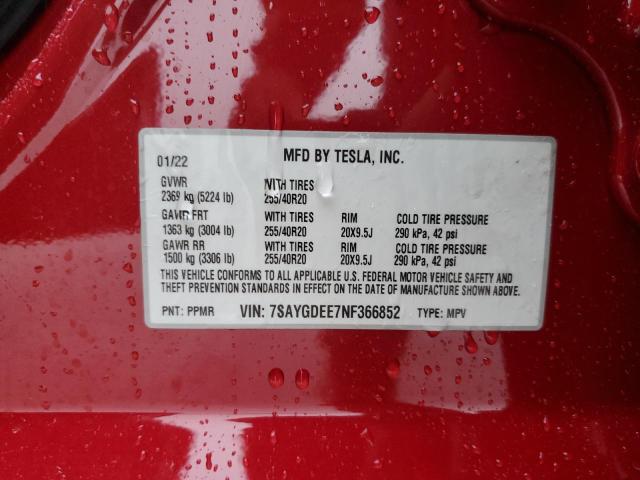 7SAYGDEE7NF366852 - 2022 TESLA MODEL Y RED photo 10