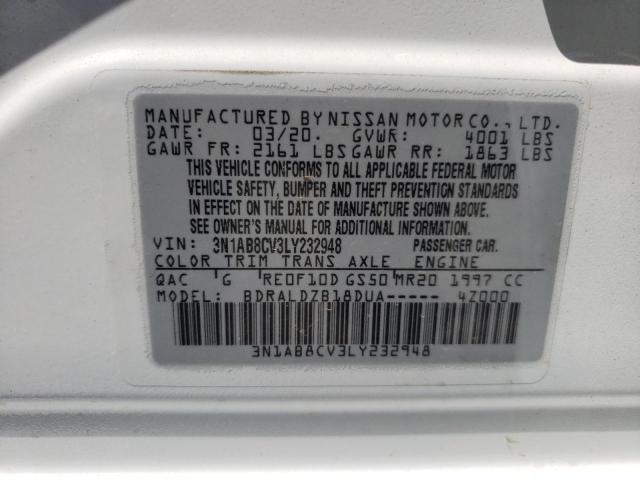 3N1AB8CV3LY232948 - 2020 NISSAN SENTRA SV WHITE photo 10