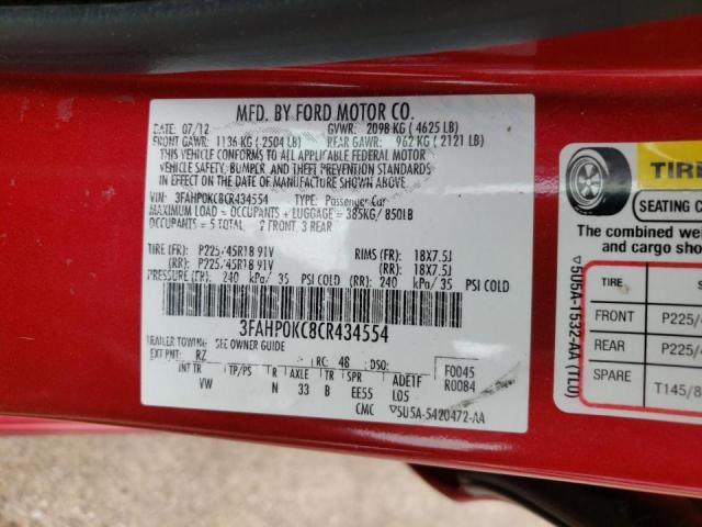 3FAHP0KC8CR434554 - 2012 FORD FUSION SPO RED photo 10