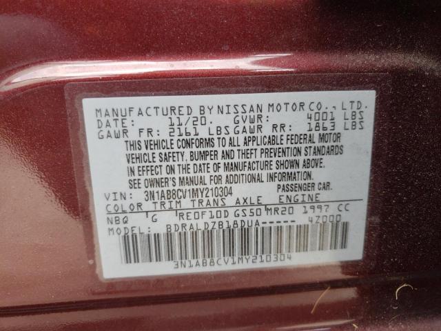 3N1AB8CV1MY210304 - 2021 NISSAN SENTRA SV MAROON photo 10