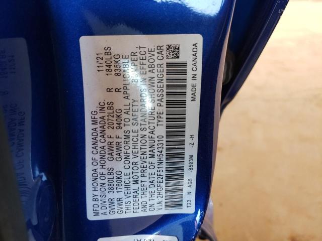 2HGFE2F51NH543310 - 2022 HONDA CIVIC SPOR BLUE photo 10