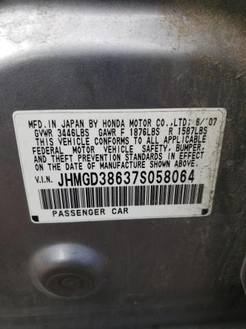 JHMGD38637S058064 - 2007 HONDA FIT S ნაცრისფერი ფოტო 10