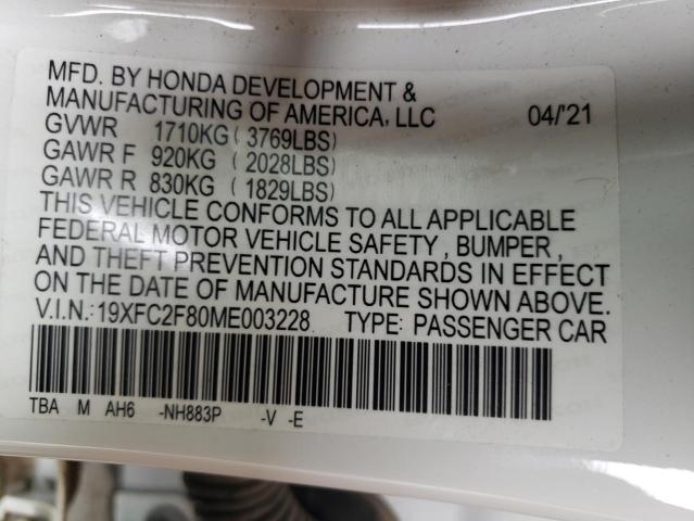 19XFC2F80ME003228 - 2021 HONDA CIVIC SPOR WHITE photo 10