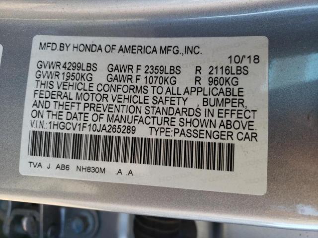 1HGCV1F10JA265289 - 2018 HONDA ACCORD SILVER photo 10