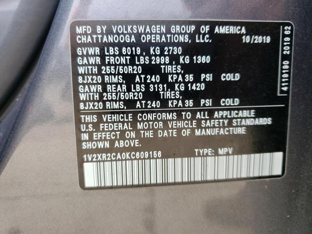 1V2XR2CA0KC609156 - 2019 VOLKSWAGEN ATLAS SE GRAY photo 10