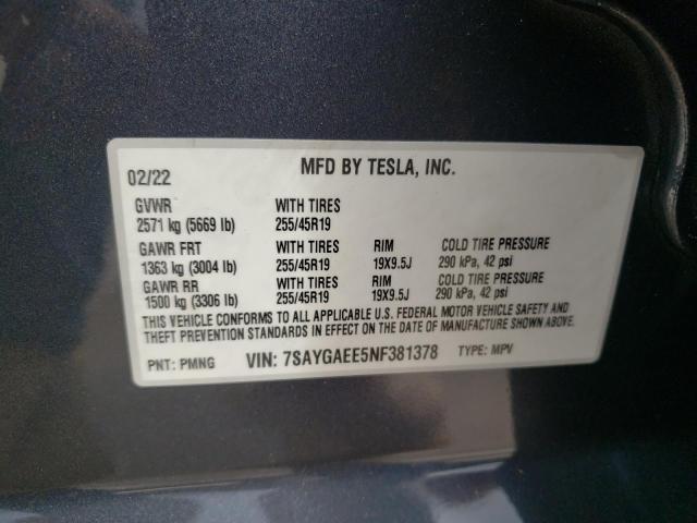 7SAYGAEE5NF381378 - 2022 TESLA MODEL Y Graphite photo 10