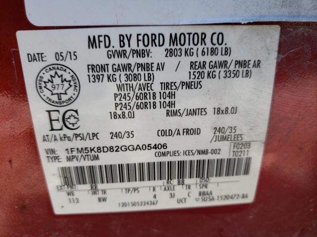 1FM5K8D82GGA05406 - 2016 FORD EXPLORER X RED photo 10