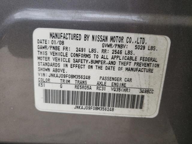 JNKAJ09F08M356248 - 2008 INFINITI EX35 BASE Մոխրագույն լուսանկար 10
