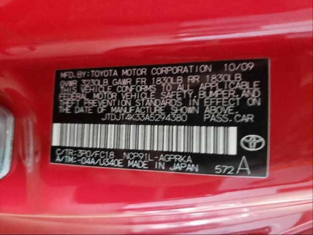 JTDJT4K33A5294380 - 2010 TOYOTA YARIS RED photo 10