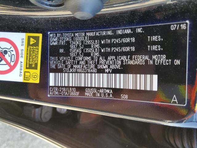 5TDJKRFH8GS316480 - 2016 TOYOTA HIGHLANDER XLE  photo 10