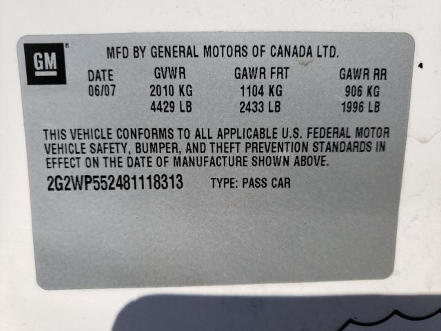 2G2WP552481118313 - 2008 PONTIAC GRAND PRIX WHITE photo 10