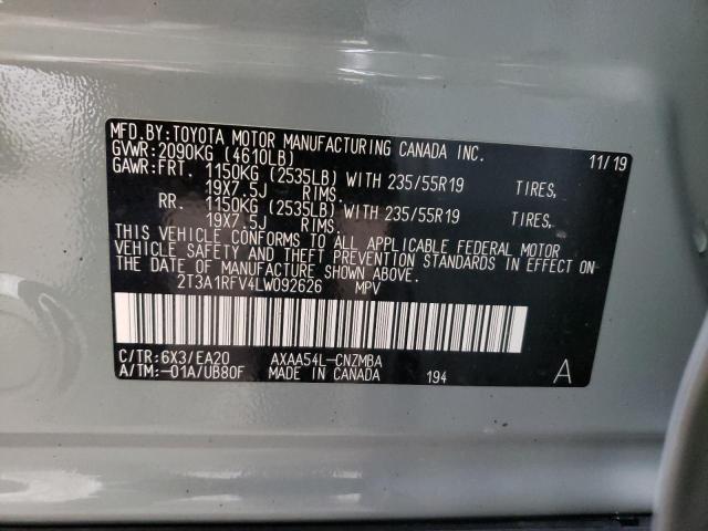 2T3A1RFV4LW092626 - 2020 TOYOTA RAV4 XLE P GRAY photo 10