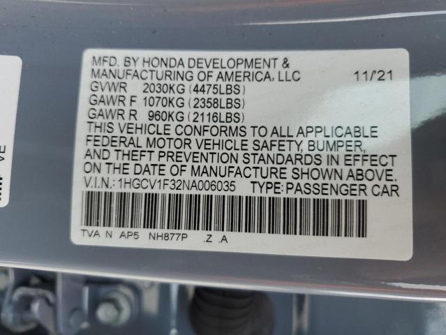 1HGCV1F32NA006035 - 2022 HONDA ACCORD SPO 蓝色 照片 10