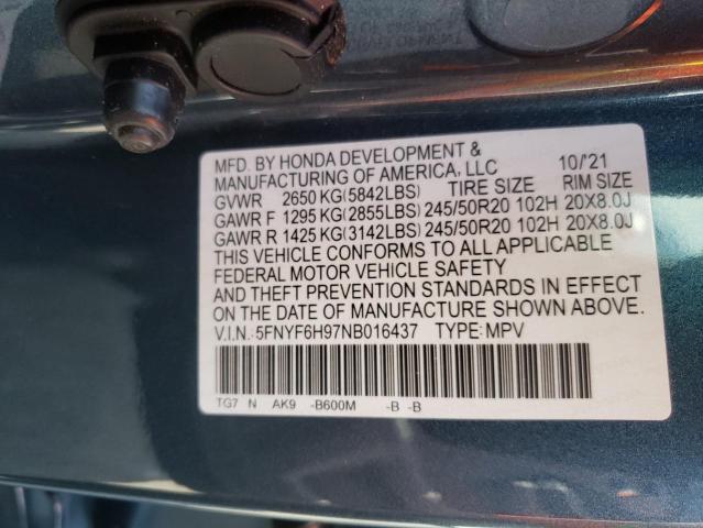 5FNYF6H97NB016437 - 2022 HONDA PILOT TOUR BLUE photo 10