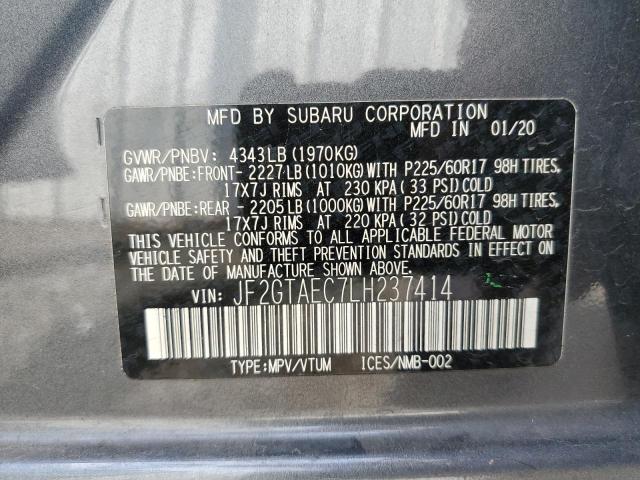 JF2GTAEC7LH237414 - 2020 SUBARU CROSSTREK CHARCOAL photo 10